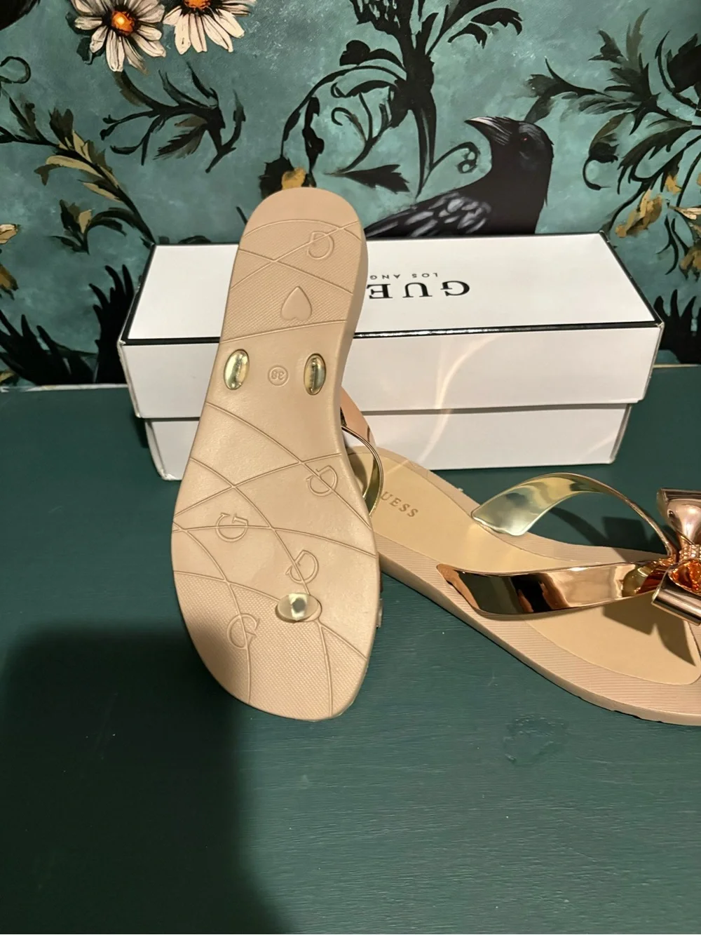 GUESS Metallic Gold Bow Slide Sandals